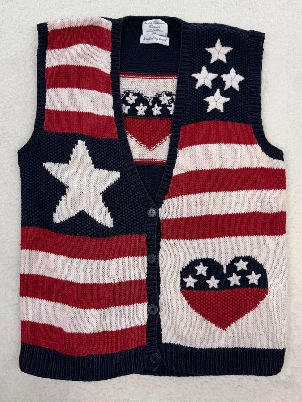 American Flag Hand Knit Vest MARISA CHRISTINA Cotton Red White Blue 4th of July
